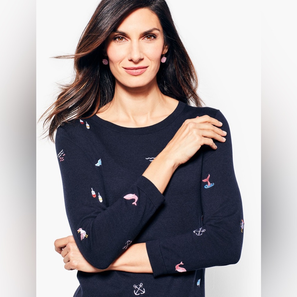 Talbots Three Quarter-Sleeve Nautical Embroidered Sweater